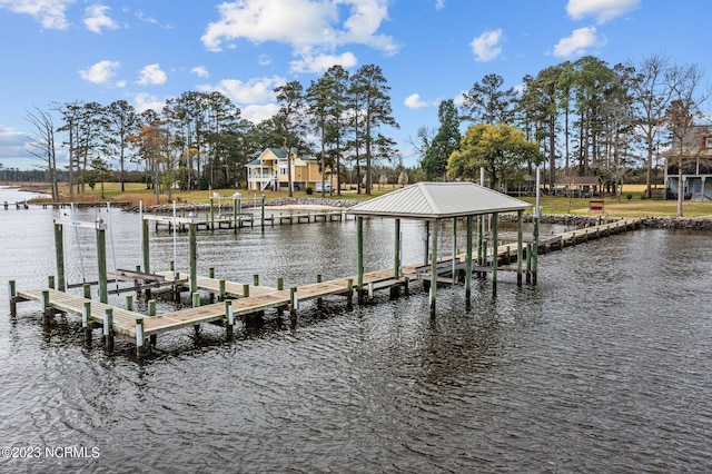 view of dock with a water view