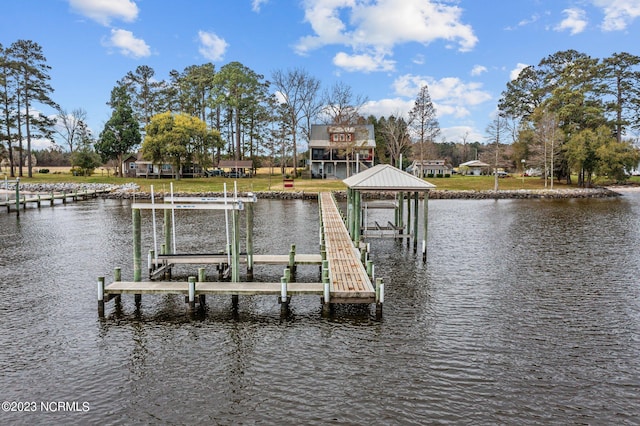 view of dock with a water view