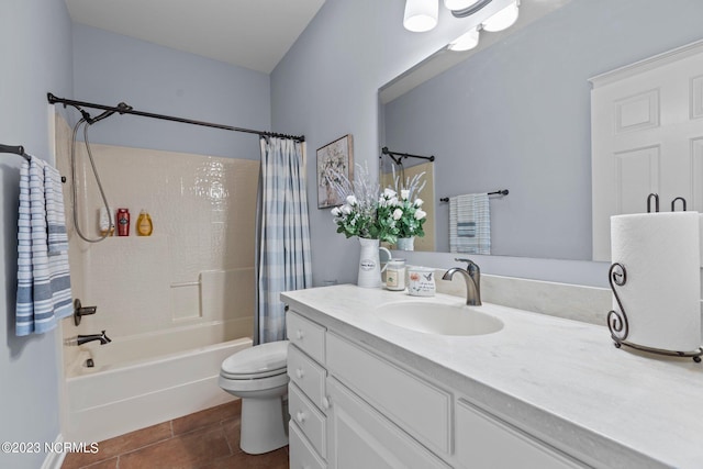 full bathroom with shower / bath combo, toilet, vanity, and tile flooring