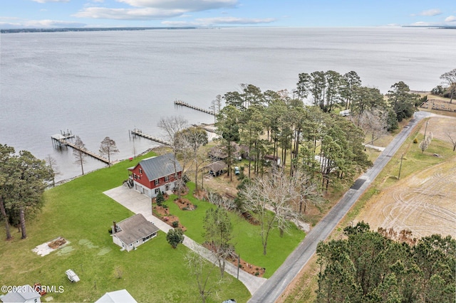 bird's eye view with a water view