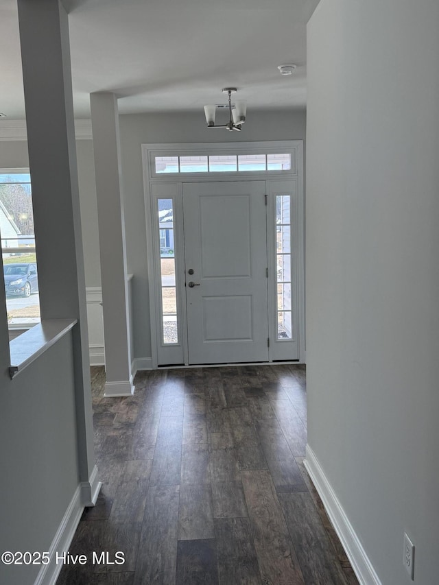 foyer entrance with dark wood-style floors, baseboards, and a healthy amount of sunlight