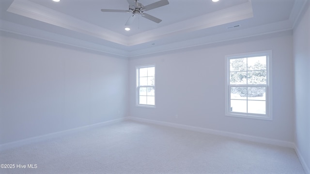 unfurnished room with light carpet, baseboards, a tray ceiling, and ornamental molding