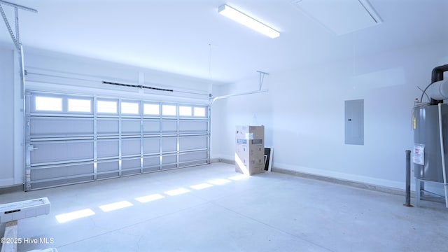 garage with water heater, electric panel, and baseboards