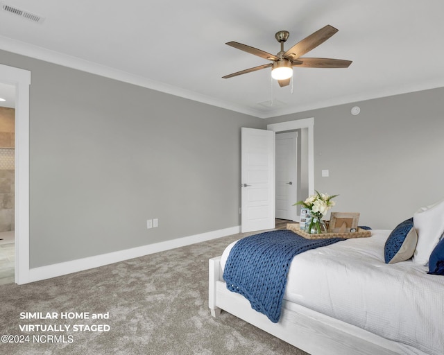 bedroom featuring carpet floors, visible vents, ornamental molding, ceiling fan, and baseboards