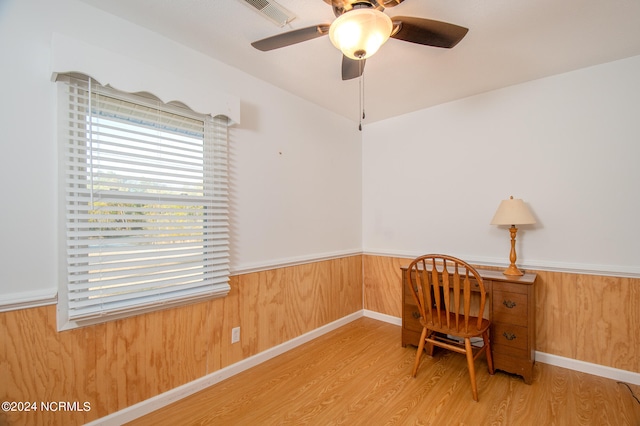 office area with ceiling fan and light wood-type flooring