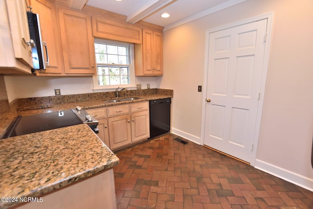 kitchen featuring sink, beamed ceiling, dishwasher, range, and stone counters