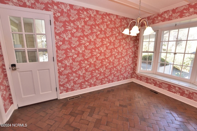 unfurnished dining area with an inviting chandelier