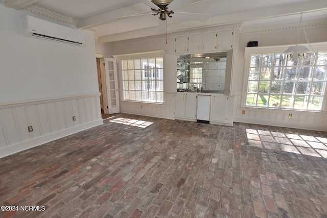 unfurnished living room featuring ceiling fan and a wall mounted air conditioner