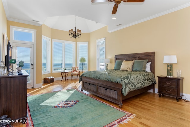 bedroom featuring access to outside, ceiling fan with notable chandelier, light hardwood / wood-style floors, and crown molding