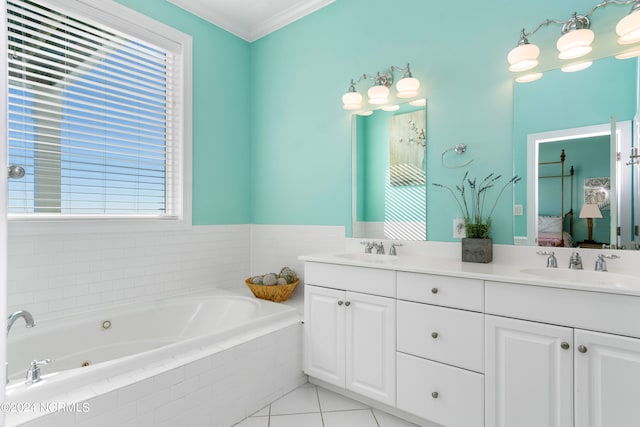 bathroom with plenty of natural light, dual sinks, vanity with extensive cabinet space, and ornamental molding