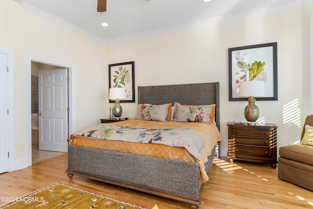 bedroom featuring ornamental molding, ceiling fan, and light wood-type flooring