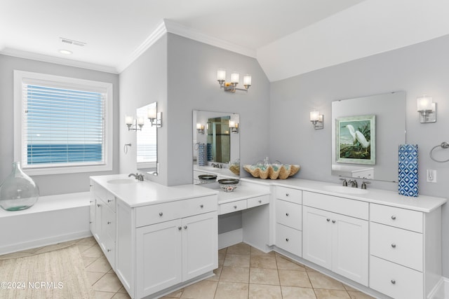 bathroom featuring double sink vanity, crown molding, tile floors, vaulted ceiling, and a tub