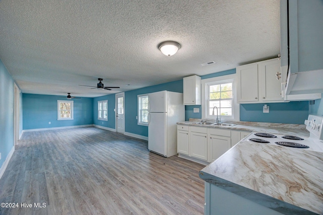 kitchen featuring light hardwood / wood-style floors, white fridge, white cabinetry, and sink