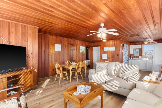 living room featuring wood walls, light hardwood / wood-style floors, ceiling fan, and wood ceiling