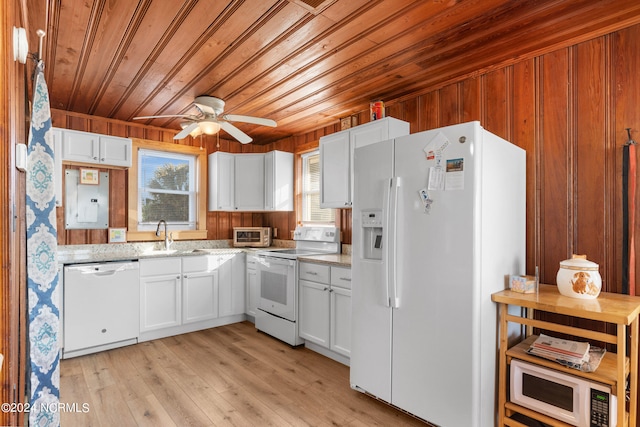 kitchen featuring ceiling fan, wood ceiling, light hardwood / wood-style flooring, white appliances, and white cabinetry