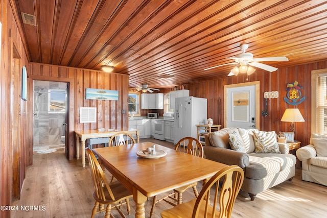 dining space featuring wooden walls, ceiling fan, light hardwood / wood-style floors, and wooden ceiling