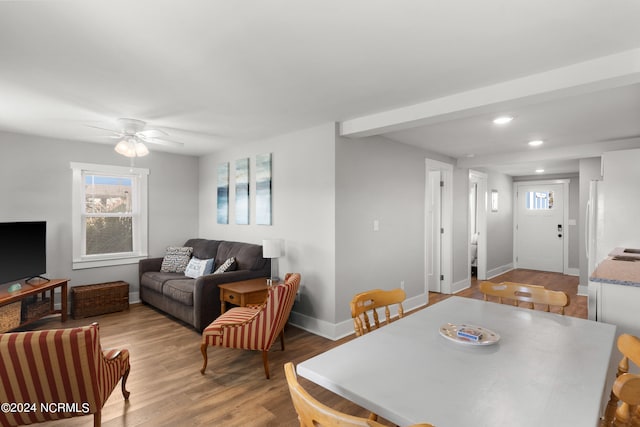 dining space with light hardwood / wood-style floors, a healthy amount of sunlight, and ceiling fan