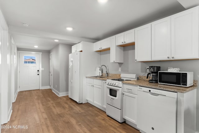 kitchen featuring light hardwood / wood-style floors, white appliances, white cabinets, and sink