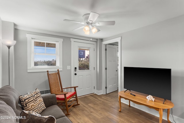 living room featuring ceiling fan and wood-type flooring