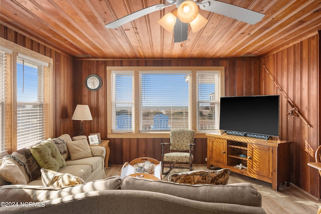 living room with light wood-type flooring, ceiling fan, wood ceiling, and wooden walls