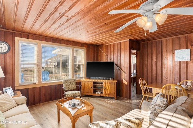 living room with wooden walls, wood ceiling, ceiling fan, and light hardwood / wood-style flooring