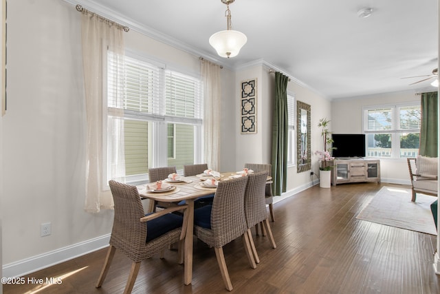dining space featuring baseboards, ornamental molding, a ceiling fan, and dark wood-style floors