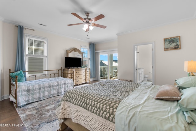 bedroom featuring crown molding, access to outside, a ceiling fan, wood finished floors, and visible vents