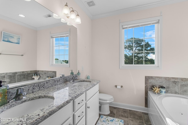 full bathroom with baseboards, a sink, a whirlpool tub, and visible vents