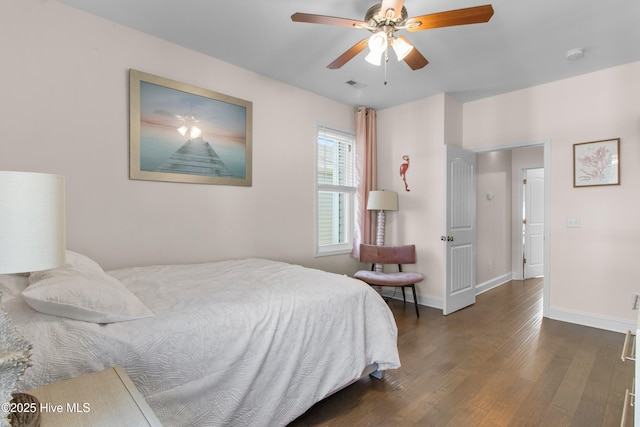 bedroom with visible vents, a ceiling fan, baseboards, and dark wood-style floors