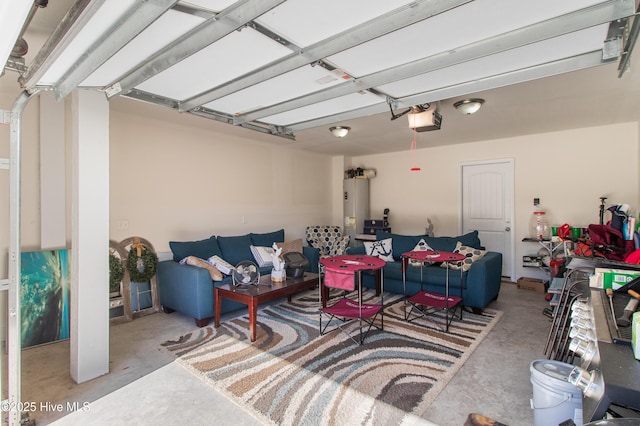 garage featuring water heater and a garage door opener