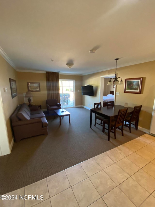 living room with light tile floors and crown molding