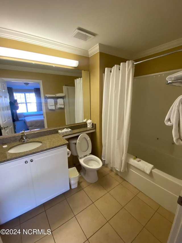 full bathroom with toilet, crown molding, shower / tub combo with curtain, tile flooring, and vanity