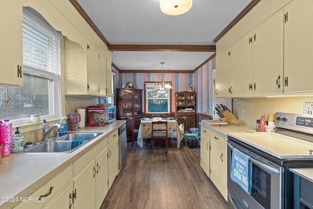 kitchen featuring dark wood-type flooring, a chandelier, stainless steel appliances, sink, and hanging light fixtures