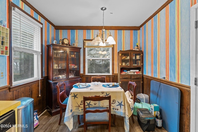 dining room with plenty of natural light, a notable chandelier, and dark hardwood / wood-style flooring