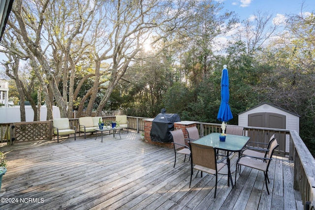 wooden deck with a storage unit