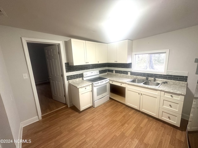 kitchen featuring white electric range, dishwashing machine, light hardwood / wood-style flooring, white cabinets, and sink