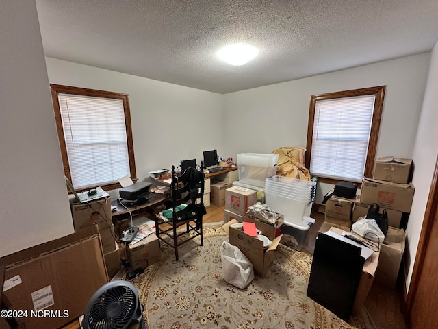 office space featuring plenty of natural light, a textured ceiling, and light wood-type flooring