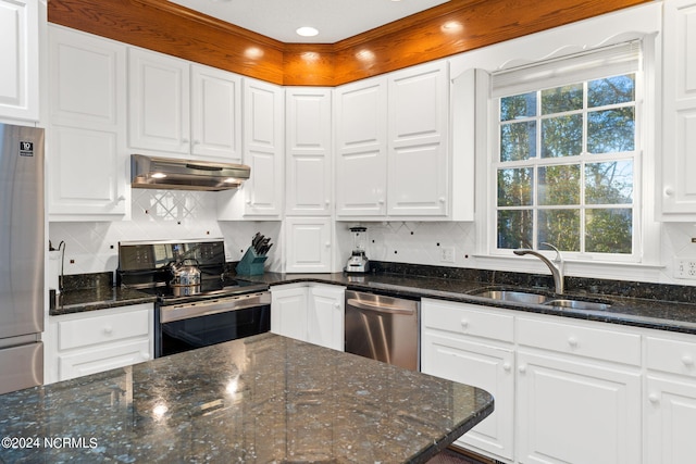 kitchen featuring extractor fan, appliances with stainless steel finishes, white cabinets, and sink