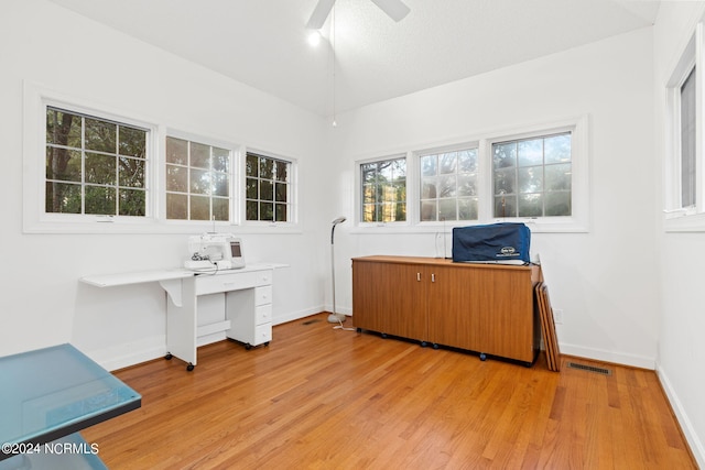 office featuring light hardwood / wood-style floors and ceiling fan