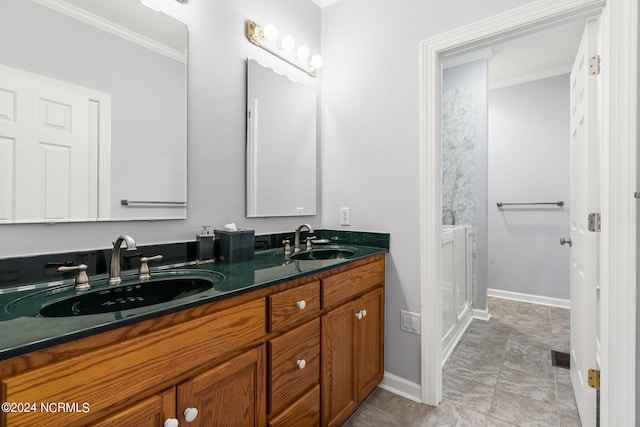 bathroom with vanity, tile patterned floors, and ornamental molding