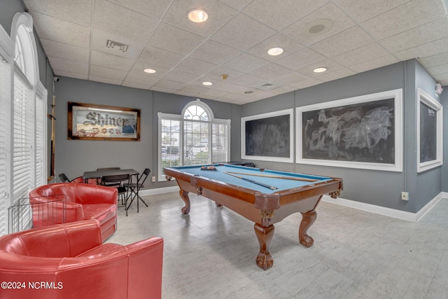 rec room with a paneled ceiling and billiards