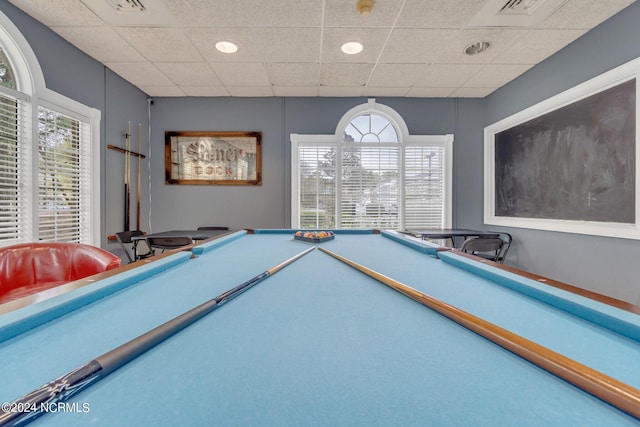 game room featuring a drop ceiling and billiards