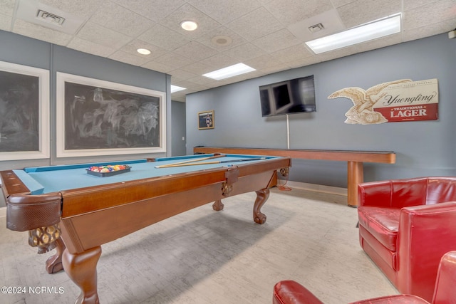 recreation room with a paneled ceiling and pool table