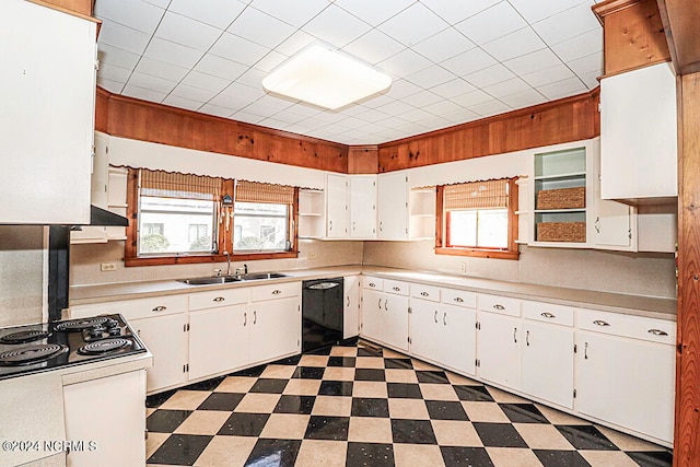 kitchen featuring a wealth of natural light, white cabinets, dark tile floors, and dishwasher