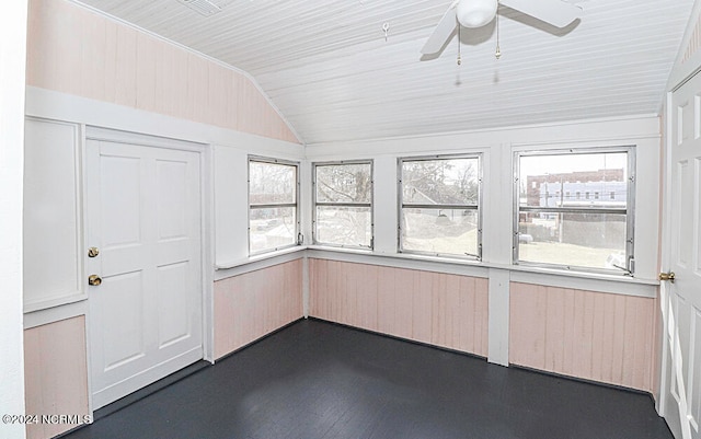 unfurnished sunroom featuring lofted ceiling and ceiling fan