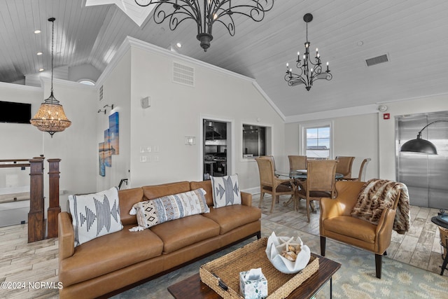 living room featuring light wood-type flooring, ornamental molding, a chandelier, and vaulted ceiling