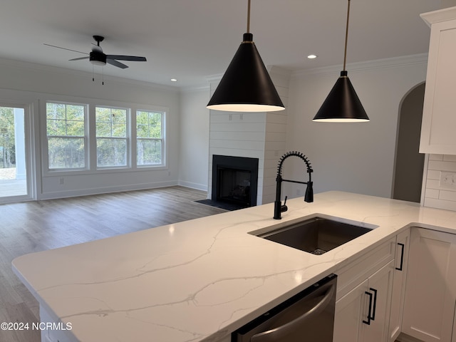 kitchen featuring white cabinetry, light wood-type flooring, light stone countertops, and sink