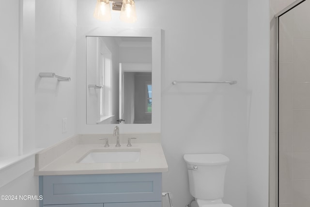 bathroom featuring an enclosed shower, vanity, and toilet