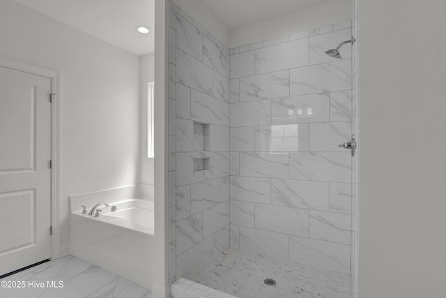 full bath featuring marble finish floor, recessed lighting, a bath, and a stall shower