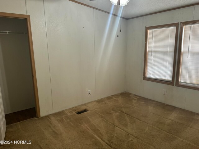 interior space with carpet floors and a textured ceiling